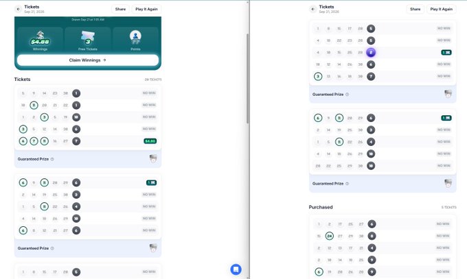 Mockups of a lottery ticket management app interface showing calendar views with tickets categorized by Guaranteed Price and Purchased sections.