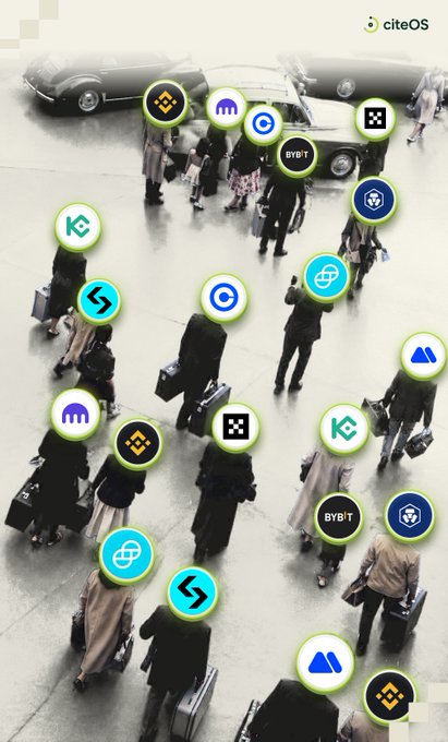 A promotional graphic for 'cite OS' featuring various cryptocurrency logos overlaid on a black-and-white photo of a crowd of people walking, many carrying luggage.