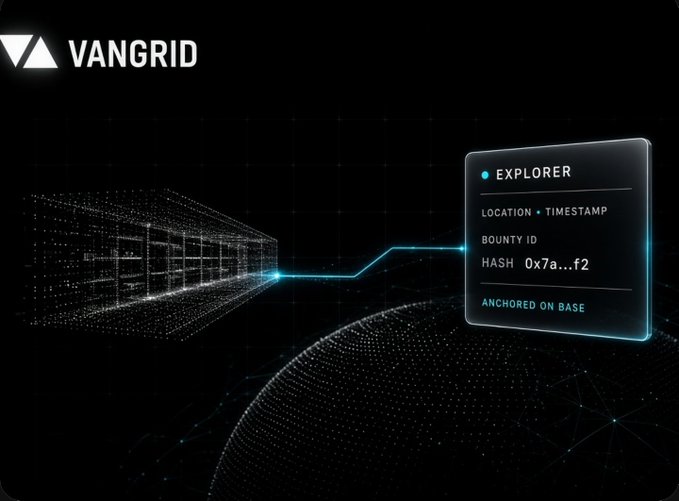 A dark, futuristic VanGrid promotional graphic featuring a wireframe tunnel visualization connected by a glowing line to a data panel showing 'EXPLORER' with location, timestamp, and bounty ID details anchored on base.