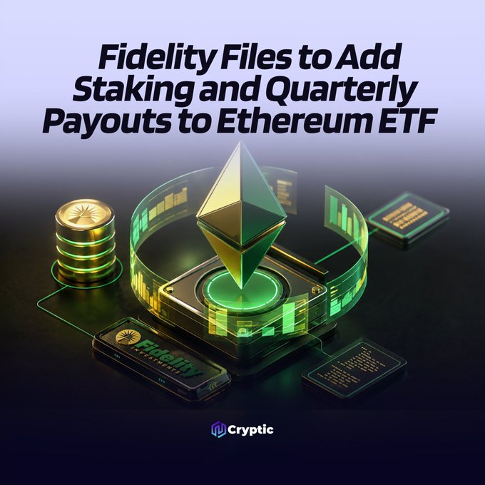 A stylized graphic featuring the Ethereum logo and Fidelity branding alongside the headline "Fidelity Files to Add Staking and Quarterly Payouts to Ethereum ETF," which aligns with the post about Fidelity's proposal to distribute staking rewards from its FETH spot Ethereum ETF as quarterly cash payouts to shareholders, pending SEC approval.