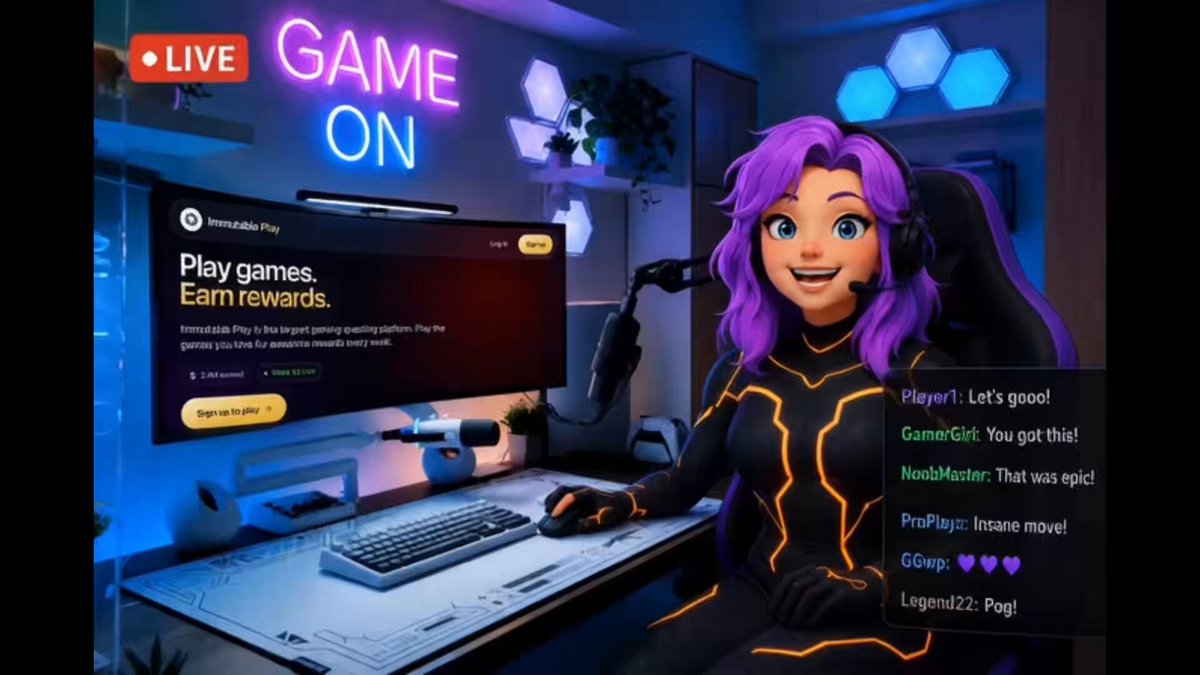 The image features a woman sitting at a desk with a computer monitor, keyboard, and mouse. She appears to be playing a video game or participating in an online gaming event. The background of the image shows a blue wall with neon lights, creating a vibrant atmosphere for her gaming experience. A post on social media is displayed next to the woman, discussing how gamers can earn rewards by grinding quests across various games without spending any money. This message emphasizes that players can achieve meaningful rewards through their dedication and effort in gaming rather than relying solely on purchasing expensive items or services.