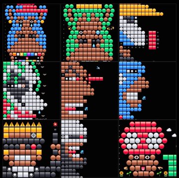 A 3x3 grid displays nine different pixel-art level designs in a retro platformer video game style with various colored blocks and characters.