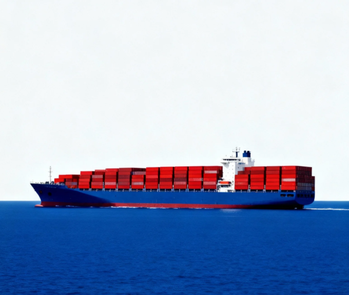 A large blue and red container ship sailing on deep blue ocean waters under a clear sky.