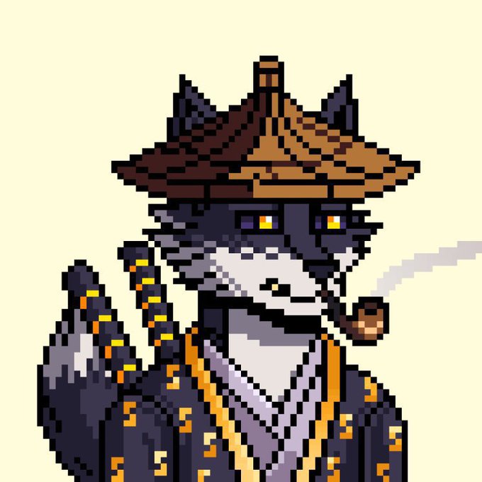 Pixel art of an anthropomorphic gray cat wearing a brown pirate hat, smoking a pipe, and sporting golden accessories against a pale yellow background.