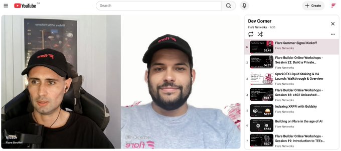 A YouTube interview featuring two men wearing black caps, with the channel name 'Dev Corner' and a playlist of Flare Builder workshops visible on the right side.