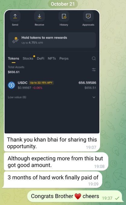 A screenshot of a crypto wallet shows “USDC,” total assets of “$656.61,” and rewards up to “22.15% APY.” Below, messages celebrate receiving a decent amount and say “3 months of hard work finally paid off,” followed by “Congrats Brother ❤️ cheers,” matching the post about people finally getting something decent.