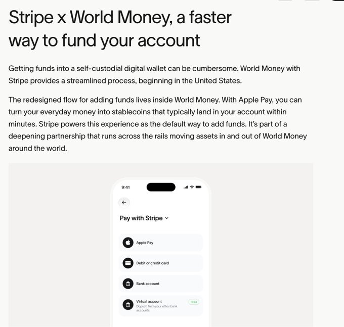 An article header reading 'Stripe x World Money, a faster way to fund your account' with a phone screenshot showing payment options including Apple Pay, debit/credit card, bank account, and virtual account.