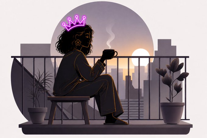 A stylized digital illustration shows a silhouette of a woman with curly hair sitting on a balcony bench, holding a steaming cup. She wears a glowing neon pink crown above her head and is set against a sunset cityscape with potted plants.