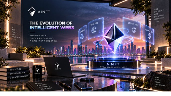 Promotional graphic for 'AINFT' featuring 'THE EVOLUTION OF INTELLIGENT WEB3' with a glowing Ethereum logo and text about 'SMARTER TECH, BIGGER POSSIBILITIES, A BRIGHTER TOMORROW'.