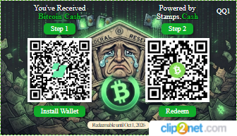 A promotional graphic from clip2net.com showing two QR codes for an airdrop of 'Stamps Coins' (QQ1), featuring a crying cartoon man with 'RUG' and 'REFUND' labels and a Bitcoin logo.