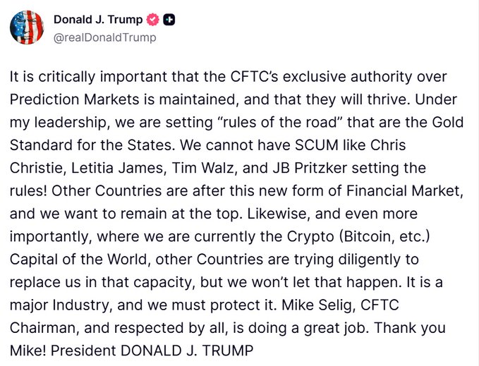 The image features a photo of Donald Trump's profile picture with the caption "It is critically important that the CFTC's exclusive authority over Prediction Markets is maintained, and they will thrive." The caption includes an ironic tone as it questions whether or not Trump understands this concept.
