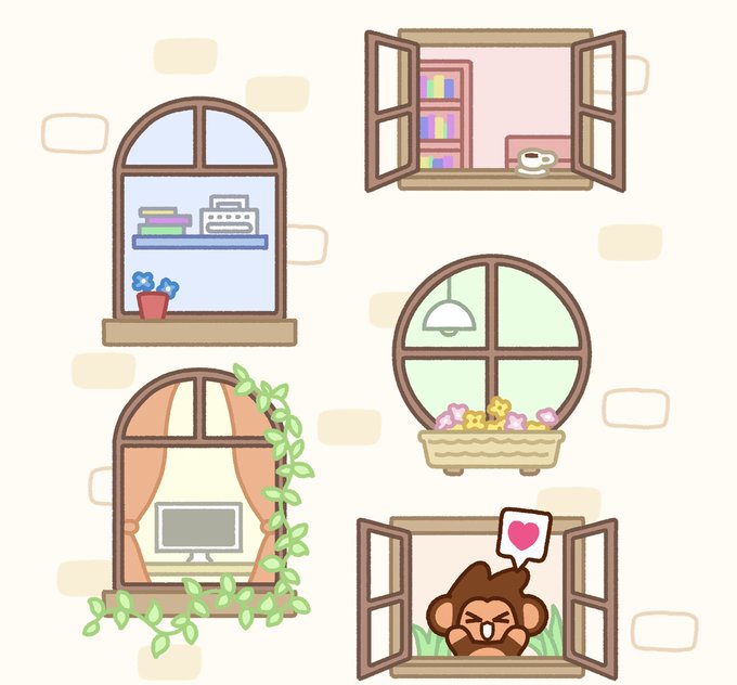 A cute cartoon illustration of various decorative windows on a brick wall, including one with a grumpy monkey holding a heart speech bubble.