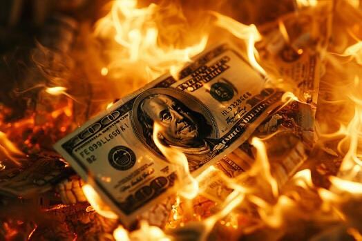 A close-up photograph of a one hundred dollar bill featuring Benjamin Franklin, engulfed in bright orange flames with the edges of the currency curling and burning.