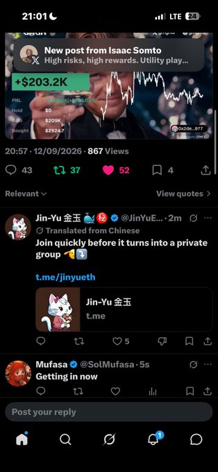 A Twitter/X feed screenshot from 21:01 showing a post by Isaac Somto about utility plays with a +$203.2K gain, and a translated post from 'Jin-Yu 金玉' promoting a private t.me group.