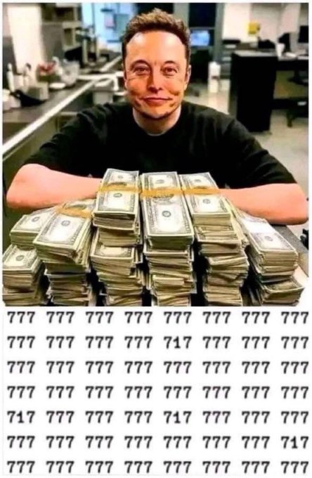 An AI-generated image shows Elon Musk smiling behind stacks of U.S. dollar bills, with rows of 777 symbols filling the lower portion of the image.