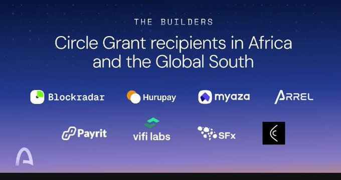 A presentation slide titled "THE BUILDERS" lists Circle Grant recipients in Africa and the Global South, including Blockradar, Hurupay, myaza, Arrel, Payrit, vifi labs, SFx, and others.