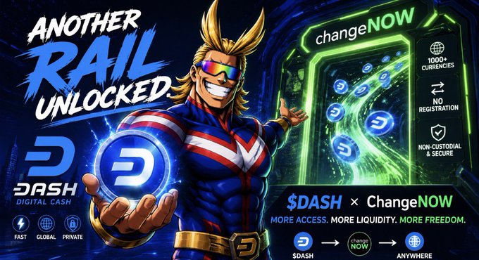 Anime-style promotional banner featuring a muscular blond character with sunglasses holding a Dash coin, advertising 'ANOTHER RAIL UNLOCKED' with the partnership $DASH × ChangeNOW, highlighting 1000+ currencies, no registration, and non-custodial features.