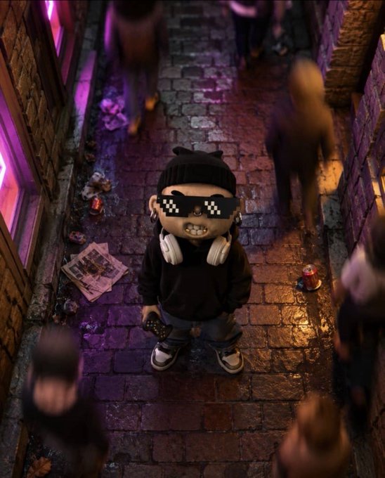 A stylized 3D cartoon character wearing pixelated sunglasses, a black beanie, and white headphones, standing in a neon-lit alleyway at night.