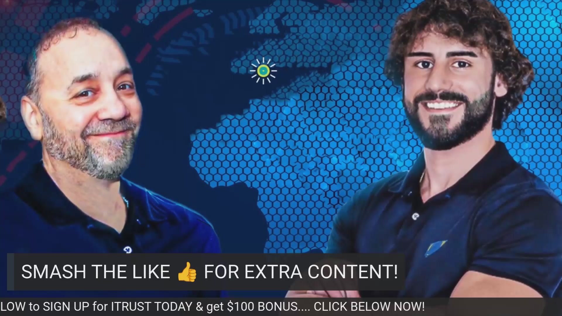 The image contains two men with beards and one of them wearing a blue shirt, both smiling and looking into the camera. The background features an abstract pattern or wallpaper with shades of blue, green, yellow and white colors. In the foreground there's a banner that reads " Smash the Like". This post talks about an opportunity to gain $1 Billion in revenue by participating in the ripoff. The main message is related to the content and it encourages people to take part in this scheme.