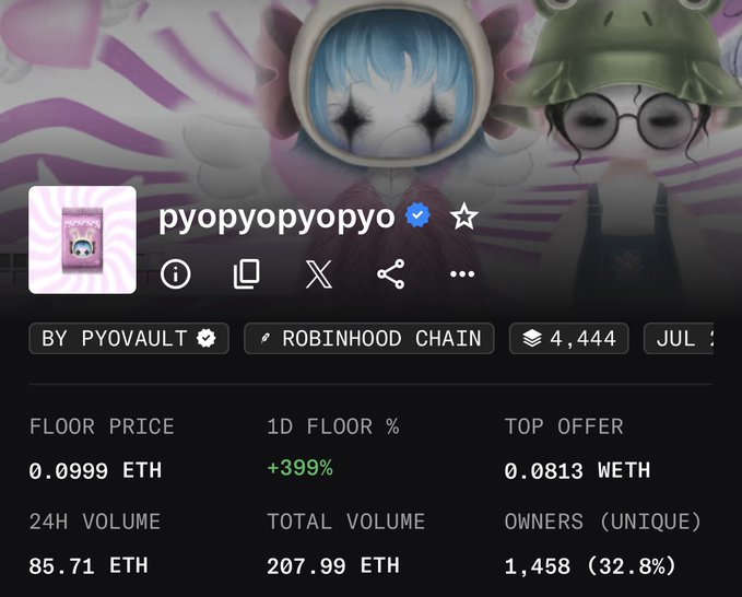 This image shows an NFT collection page for "pyopyopyo" on the Robinhood Chain, displaying a floor price of 0.0999 ETH, which matches the post highlighting the 0.0999 ETH price point mentioned in the announcement.