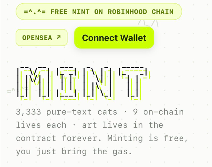 A promotional webpage for a free NFT mint, featuring 'Connect Wallet' and 'OPENSEA' buttons, and the text 'MINT' in a stylized font.