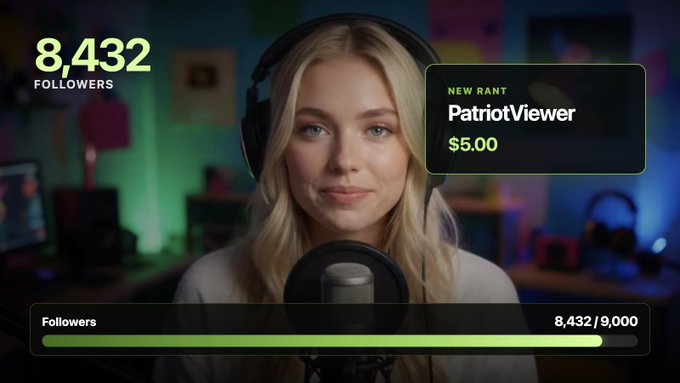 A blonde woman wearing headphones speaks into a microphone in a streaming setup with a follower count of 8,432 displayed on the left, a $5.00 donation notification from "PatriotViewer" on the right, and a progress bar showing 8,432/9,000 followers at the bottom. The image showcases an OBS widget overlay designed for Rumble streamers, featuring live metrics and donation alerts that integrate seamlessly with the streaming dashboard.