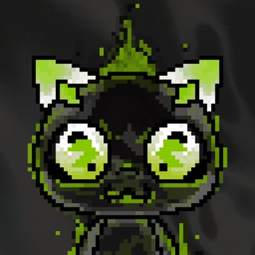 Pixel art of a green and black cat-like character with large glowing green eyes and pointed ears against a dark background.