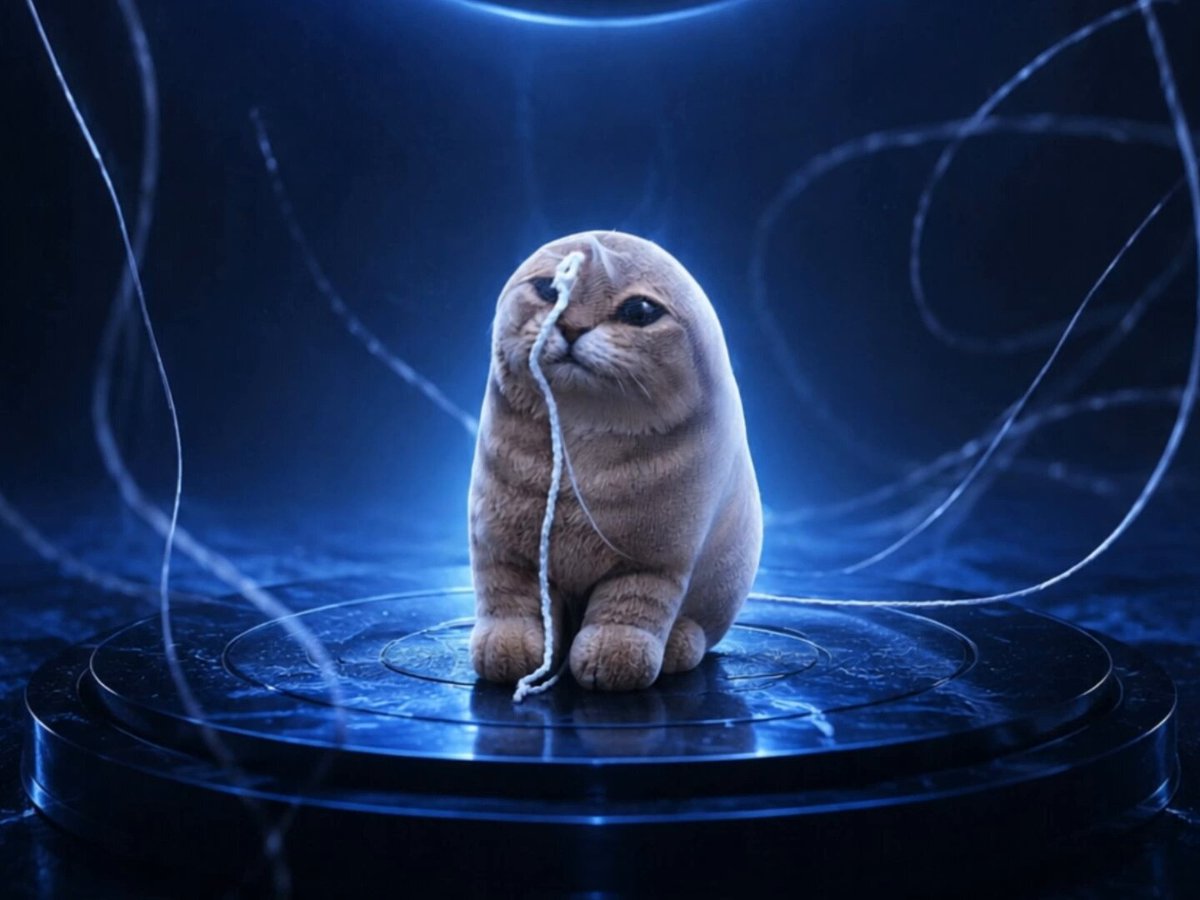 The image features a cat sitting on a platform with a string attached to its face, giving the impression of a cat being strangled or having its head cut off by a rope. The background consists of blue lights that create an ethereal atmosphere around the cat. The caption reads "wCAT CTO is here to take over, mass content is being produced as we speak and were here for the long term. Kols have been waiting for a USDC runner to happen and $wCAT will satisfy that. This is something that will be remembered in history."