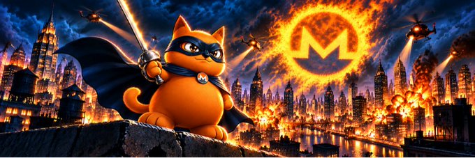A caped orange cat superhero stands triumphantly on a rooftop, with a fiery "M" logo glowing in the sky above a burning cityscape featuring helicopters and an "EMPIRE" building in the background, serving as a dramatic banner image for the Solana token $LUKE on the Moby platform.