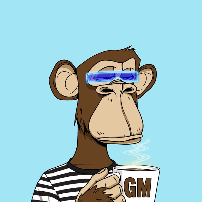 A cartoon monkey wearing blue sunglasses and a black-and-white striped shirt holds a steaming coffee mug labeled "GM," perfectly matching the cheerful "gm" (good morning) greeting.