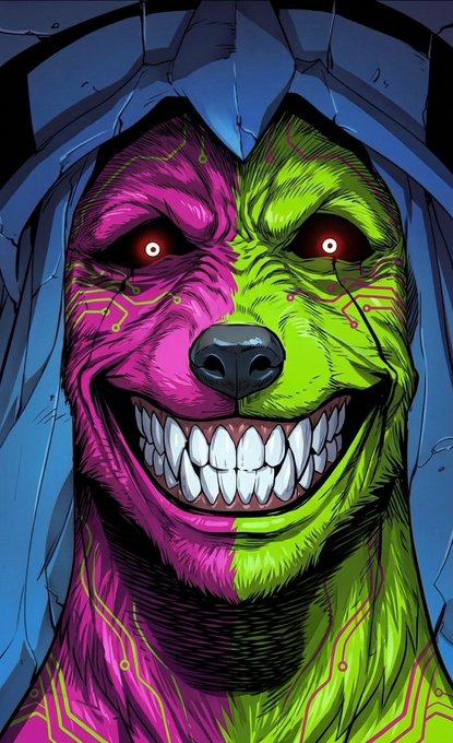 A menacing canine creature with a split pink and green circuit-patterned face bares razor-sharp teeth in a sinister grin, embodying the predatory comeback referenced in the "$PACK" post about turning mockery into dominance.
