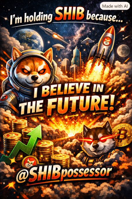 The image is a vibrant AI-generated graphic featuring Shiba Inu dogs dressed as astronauts, with rockets launching amid clouds of flames and gold coins, promoting the meme "I'm holding SHIB because I BELIEVE IN THE FUTURE!" with the handle "@SHIBpossessor." It visually reinforces the post's call to action by inspiring SHIB Army members to share their reasons for holding the token, framing it with a bold, optimistic "to the moon" aesthetic.