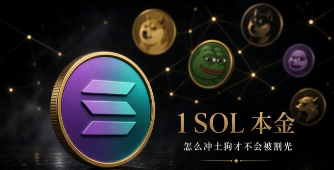 Promotional image featuring a Solana (SOL) coin in the foreground with meme coins in the background, and Chinese text reading '1 SOL 本金 怎么冲土狗才不会被割光' (How to invest 1 SOL in meme coins without getting scammed).