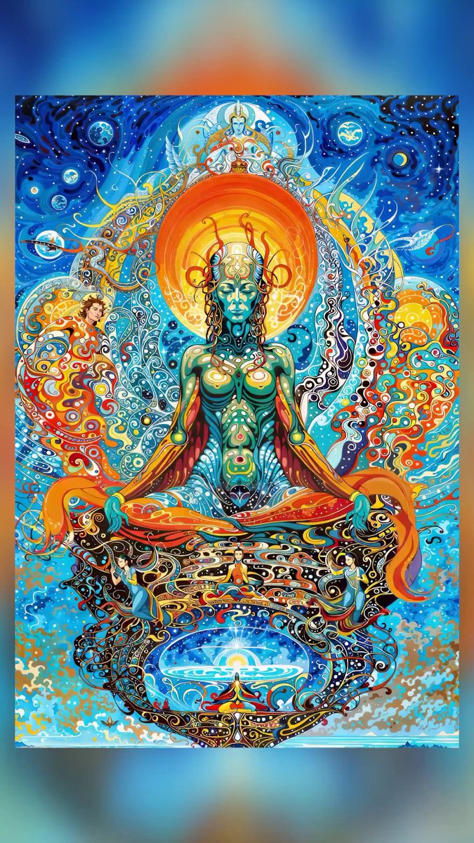 The image features a painting of a woman sitting cross-legged, surrounded by an array of colors and patterns that create a vibrant and lively atmosphere. The artwork appears to be inspired by the concept of meditation or mindfulness, as suggested by the phrase "Focus on what is in the image". This post seems to be related to the artist's work, possibly discussing their creative process or the inspiration behind the painting.