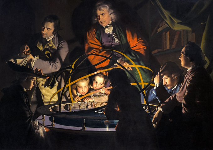 Joseph Wright of Derby's 1766 painting 'A Philosopher Lecturing on the Orrery' depicts a scientist demonstrating a mechanical model of the solar system to a captivated group gathered around a table lit by a hidden lamp.