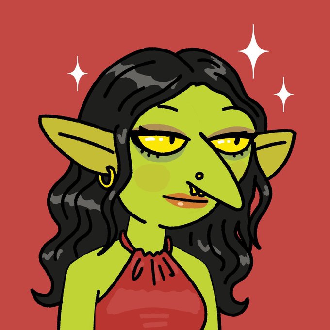 A cartoon illustration of a green-skinned witch-like character with long black hair, pointed ears, a gold hoop earring, and yellow eyes, set against a red background with white sparkles—evoking a mystical, magical vibe perfect for a "new week, new blessings" Web3 greeting.