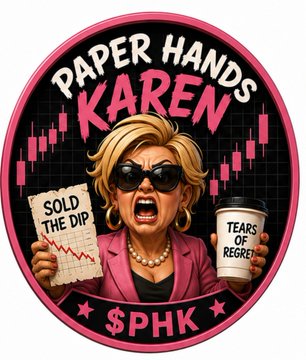 A pink circular meme sticker labeled "PAPER HANDS KAREN $PHK" depicting an angry blonde woman holding a "SOLD THE DIP" chart and "TEARS OF REGRET" coffee.