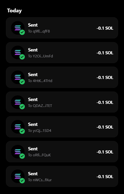 The image shows a transaction history displaying seven "Sent" entries, each showing "-0.1 SOL" transferred to various shortened Solana wallet addresses (q9tE..., Y2Oi..., 4HtK..., QDAZ..., ycQj..., oRfi..., nWCs...), totaling 0.7 SOL sent out today.

This appears to serve as proof of payment, supporting the accompanying post's claim of distributing 0.1 SOL to qualifying wallets that follow the requirements.