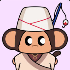 A cartoon illustration of a cute monkey character wearing a bucket hat with a red string tied around it, dressed in a beige shirt, set against a light purple background.