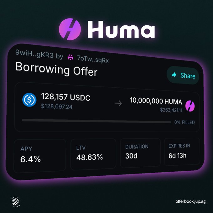 The image shows a black background with a purple logo that reads "HUMA" above a white text box containing information about a lending offer. The text box displays details such as the amount of money being lent, interest rate, and terms for the loan. The text also includes a link to an online form where one can apply for the loan.