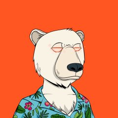 An illustration of a white bear wearing pink-tinted glasses and a blue Hawaiian shirt with floral patterns, set against an orange background.