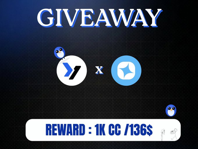 A giveaway announcement featuring two circular logos with a reward of 1K CC / $136 displayed at the bottom.