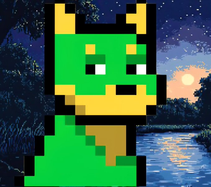 A pixel-art render of a green frog character with yellow accents, set against a serene nighttime landscape with a moonlit lake.