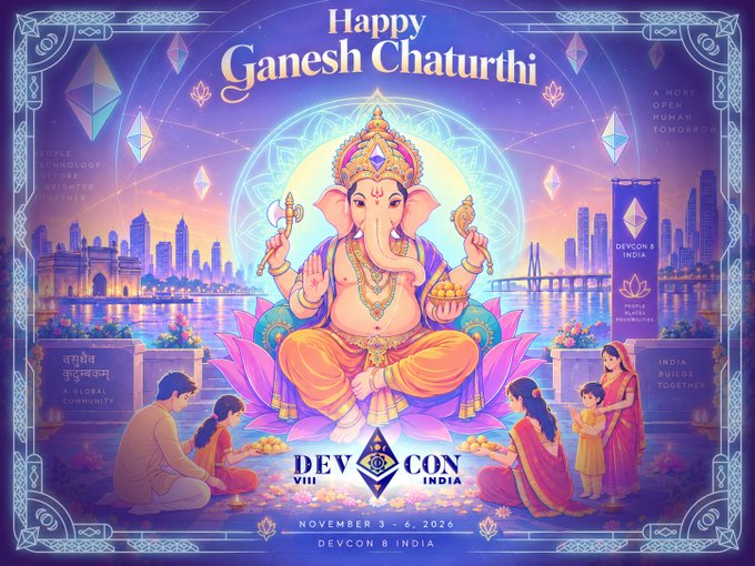 The illustration celebrates Ganesh Chaturthi by depicting Lord Ganesha seated on a lotus with devotees offering prayers, alongside the text "Happy Ganesh Chaturthi," "Devcon India," and the event dates "November 3-6, 2026." The imagery of Lord Ganesha as the remover of obstacles ties directly to the post's message, symbolizing the blessings sought for bringing Devcon to India.