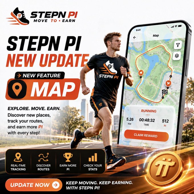 The promotional image announces the new STEPN PI app update featuring a live MAP tool, showcasing a runner alongside a smartphone displaying route tracking with stats of 5.26 KM, 00:48:32 time, and 512 PI earned. The graphic highlights key features including real-time tracking, route discovery, more PI earnings, and stat checking, with a call-to-action to "Update Now" and "Keep Moving. Keep Earning. With STEPN PI!"