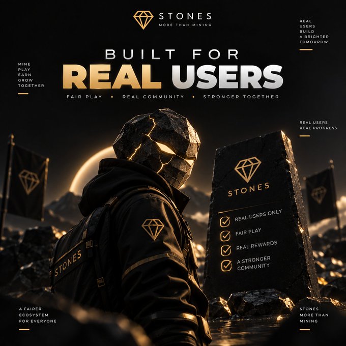 A promotional poster for 'STONES More Than Mining' with the headline 'BUILT FOR REAL USERS' and feature checkmarks for REAL USERS ONLY, FAIR PLAY, REAL REWARDS and A STRONGER COMMUNITY, showing a hooded character with glowing golden mask.