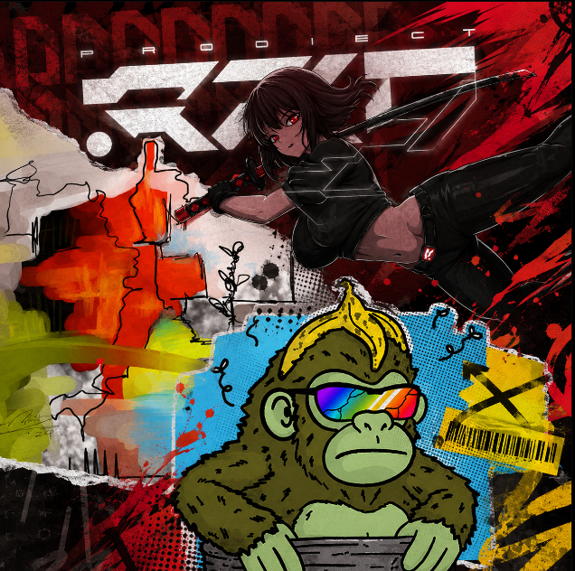 A collage-style project page titled 'PROJECT XYR' featuring an anime-style female character wielding a sword and a green ape mascot with a banana and rainbow sunglasses.