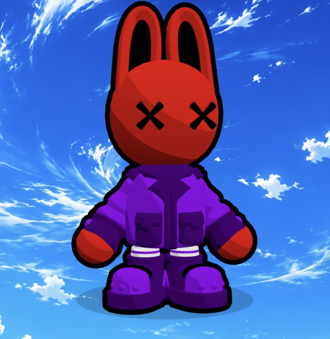 An illustrated red rabbit character with X-shaped eyes, wearing a purple outfit, standing against a blue sky with white clouds.