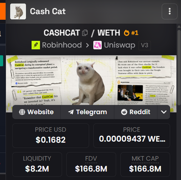 A cryptocurrency tracker displays the CASHCAT token (CASHCAT/WETH pair #1) listed on Robinhood and Uniswap V3, with a price of $0.1682, FDV of $166.8M, and market cap of $166.8M. The meme coin features a cat image and Reddit links, presented in the context of speculation about whether it will surpass the influencer token $ANSEM.