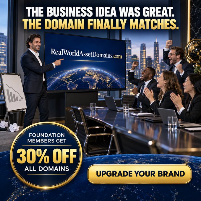 A businessman presents "RealWorldAssetDomains.com" on a large screen to a cheering team in a modern boardroom, with a city skyline at night behind them and Earth visible below, promoting a "30% OFF ALL DOMAINS" deal for foundation members. The image aligns with the post by visually highlighting the RWA tokenization domain marketplace, where the excited reactions emphasize the value of securing premium branding assets.